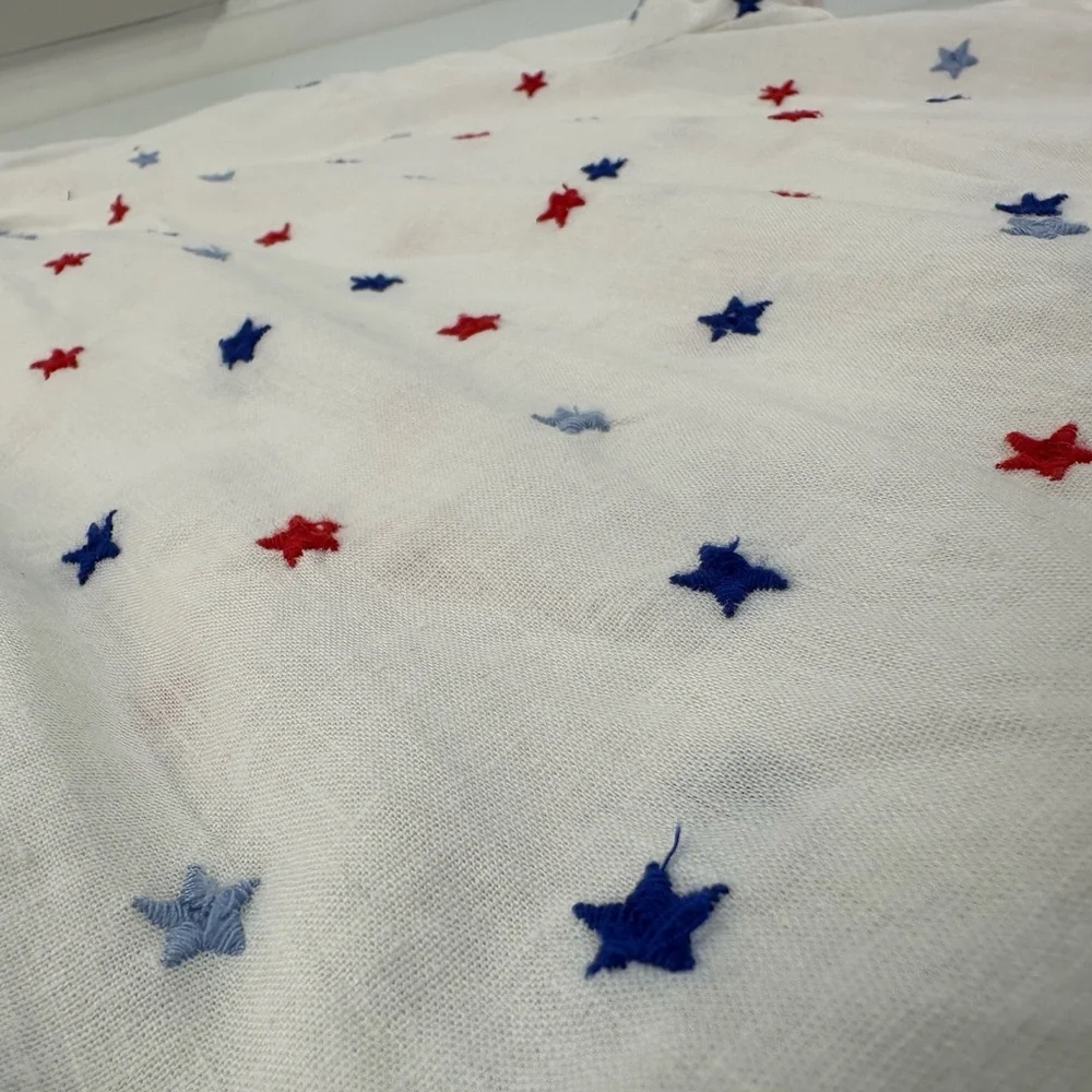 Crown & Ivy Embroidered Star Blouse Patriotic Red White Blue Linen Blend Top S - Picture 13 of 13
